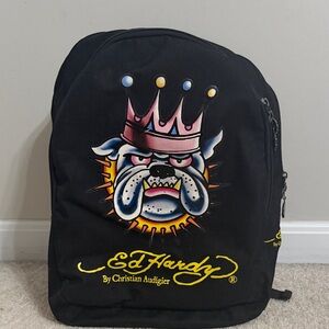 Ed Hardy Black Backpack with Bulldog and Crown Design